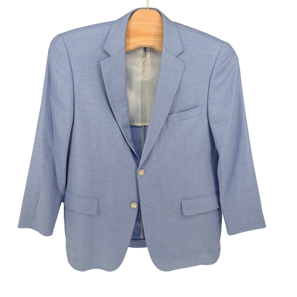 Haspel Blazer 44R Light Blue Wool Bamboo Silk Herringbone Two Button Jacket